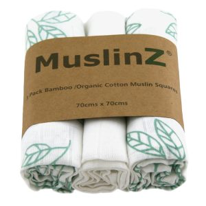 Muslinz 3pk 70CMS Bamboo/Organic Cotton Muslin Squares White/Green Leaf Print