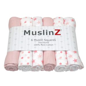 Muslinz 6pk Muslin Squares 70x70cm - Pink Star