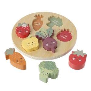 Happy Veggies Wooden Puzzle Board - Includes 6 Play Food Vegetables - Shape Sorter