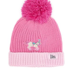 Lighthouse Kids Bobbie Warm Bobble Cable Knit Hat - Childrens Winter Outdoor Headwear - Pink Horse