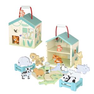 Orange Tree Toys Wooden Zoo Animals Play Set with Portable House
